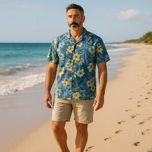 WAKIKI WEAR Men’s Large Blue Floral Hawaiian Shirt